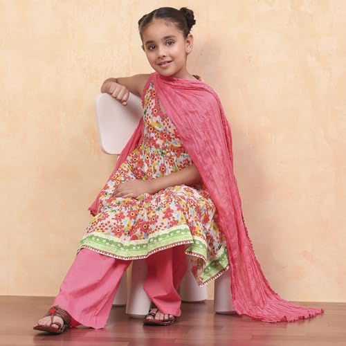 Biba Girls Coral Tiered Cotton Printed Kurta suit set