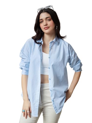 The Souled Store| Solids: Blue Stripes Womens and Girls Shirts|Full Sleeve|Loose fit Solid Stripes|100% Cotton Blue Color Women Boyfriend Shirts Women Boyfriend Shirts Fashionable Trendy Graphic