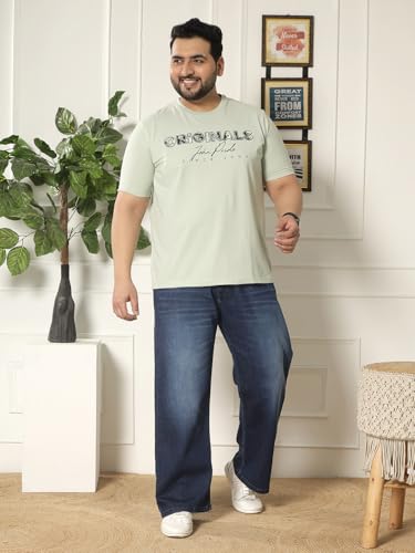 JOHN PRIDE Plus Size Men Regular Fit Printed Short Sleeves Green Round Neck Stretchable T-Shirt (JPTSR32461_5XL_Green)