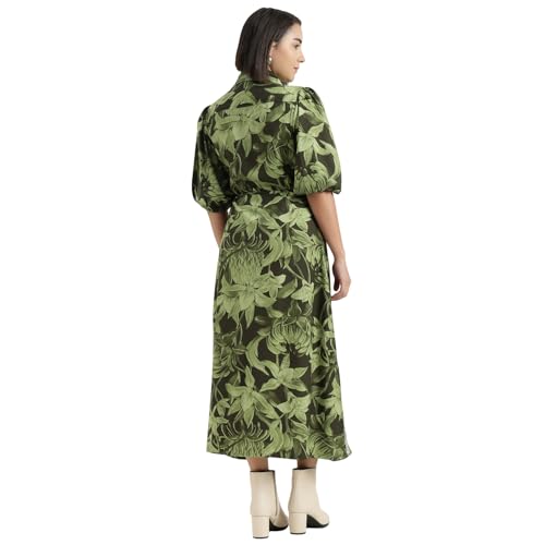 United Colors of Benetton Regular Fit Spread Collar Tropical Printed Dress (Size : L) - 26P4DRESS057I902 Green
