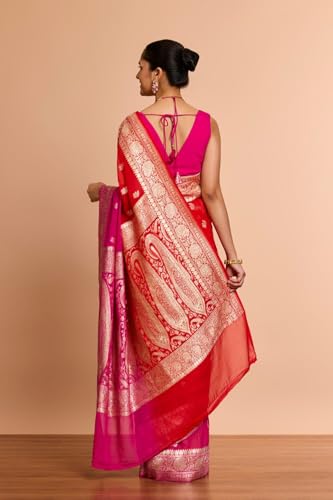 Taneira Women Red Pure Silk Georgette Cutwork Banaras Saree With Unstitched Blouse Piece (SAIP08AB6616-Red)