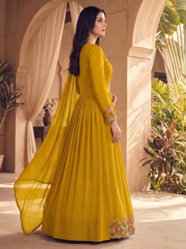 RUDRAPRAYAG Anarkali Georgette and Santoon Maxi Gown for Women | Long Anarkali Gown for Women Semi-Stitched Yellow