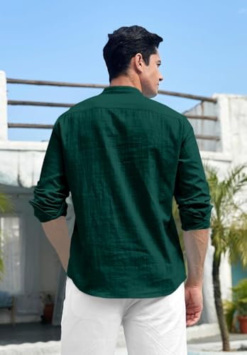 Zombom Men's Cotton Polyester Blend Mandarin Collar Self One Design Printed Full Sleeve Casual Short Kurta Shirt Green