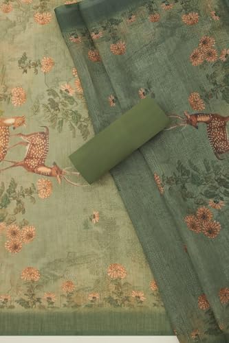 Soch Womens Green Linen Botanical Print Unstitch Dress Material With Sequins