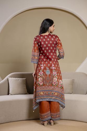 NIVANA Embroidered & Printed Asymmetric Kurta with Palazzo & Printed Dupatta| S | Rust | Paisley & Floral Print | 3 Piece Ethnic Set