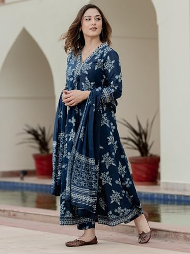 Arayna Women’s Pure Cotton Handblock Ethnic Printed Kurta Set with Pants & Dupatta - Indigo Blue, Small