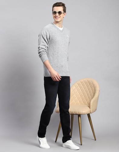 Monte Carlo Lt Grey Mix Solid V Neck Sweater | Warm Woolen Pullover for Men | Soft Comfortable Knitted Winter Wear Sweater for Men's