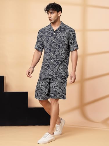 Rigo Printed Co-Ord Set for Men's | Casual Shirt & Shorts Night Suit Set | Lounge-wear Nightdress Pajama Set for Men's | Night Wear, Beach Wear, Vacation Wear Outfit Azure Blue