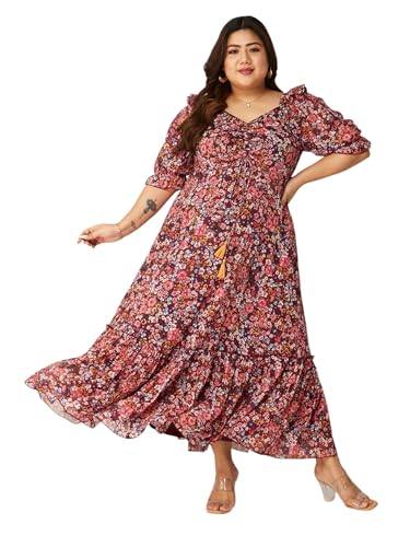 Miss Chase A+ Women's V Neck Puff Sleeve Floral Ankle Length Dress (APAW21D06-35-252-10, Multicolored-Base-Wine, 5XL)