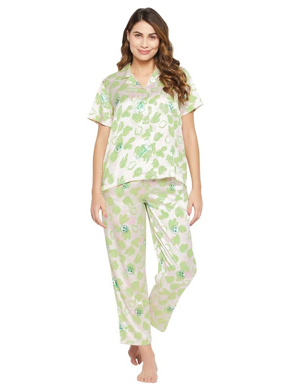 Clovia Women's Crepe Print Me Pretty Button Down Shirt & Pyjama Set in White (LS0385Q18_White_XXL)