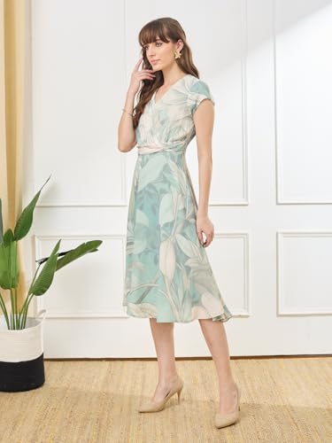 Latin Quarters Women's Green Cap Sleeves V-Neck Casual Printed Dress_XL