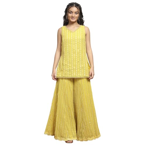 Biba Girls Yellow Polyester Dyed Straight Sharara Suit Set_8-9Y