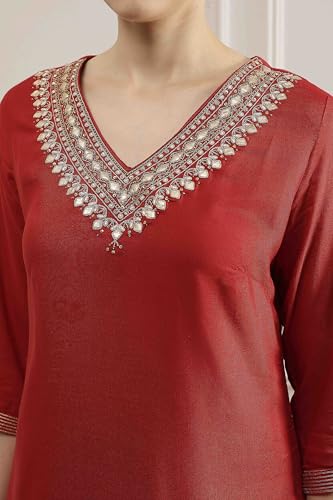Biba Women Red Viscose Rayon Straight Solid Kurta_40