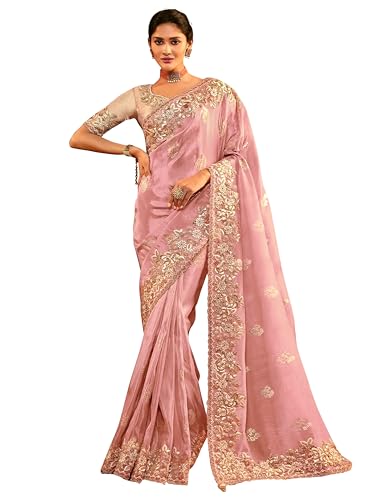TRENDMALLS Women's Jacquard Silk Embroidery work Saree with Unstitched Blouse Piece (K1063-Peach)