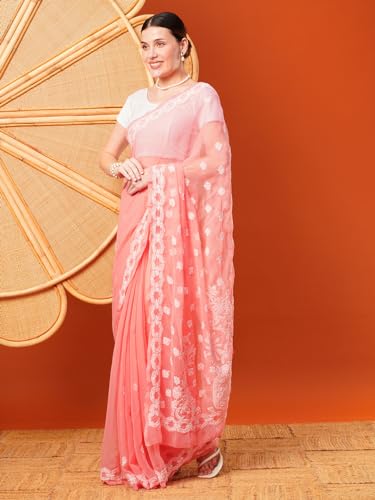 Ada Hand Embroidered Lucknowi Chikankari Georgette Saree With Unstitched Blouse Piece A191488, Peach - Womens