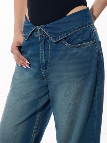 The Souled Store Baggy-Fit Denim: Blue Storm Women and Girls Zippered Fold-Over Cutout Waistband Medium Blue Washed Cotton Denim Lightweight Everyday All-Season Denim Jeans