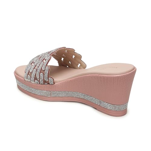 Marc Loire Women Embellished Wedge Heels | Stylish Slip-On Fashion Sandals with Comfortable Sole | Party Footwear (Rose Gold, UK Footwear Size System, Adult, Women, Numeric, Medium, 7)