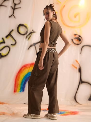 The Souled Store Cotton Linen Pants: Dark Brown Women and Girls Buttoned Solid Cotton Linen Blend Straight Fit Casual Cargo Pants