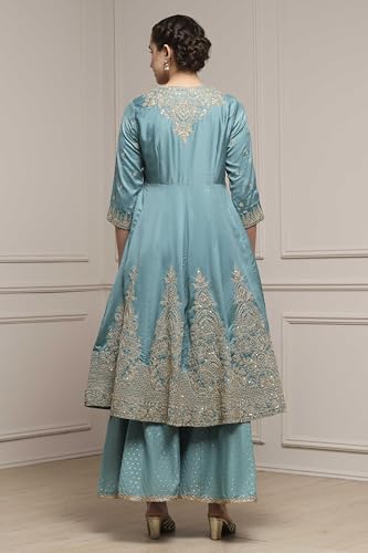 Biba Women Blue Silk Chanderi Anarkali Suit Set_42