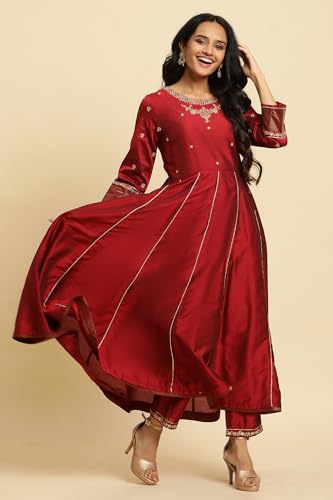 W for Woman Dark Red Zari Embroidered Festive Kurta, Pant and Dupatta Set_24AUWS10267-220298_XL