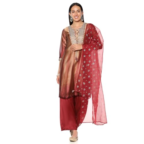 Rangriti Women's Gold Crepe Georgette Straight Printed Kurta Palazzo Suit Set_42