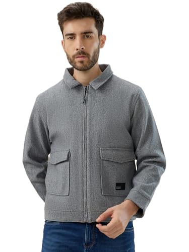 Status Quo Men's Solid Wool Blend Finish Spread Collar Front Flap Pocket Shacket | 90% Polyester,10% RAYON | GREY | 4XL Size