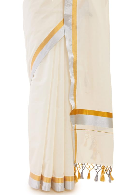 Soch Women Off White Cotton Kasavu Saree With Golden And Silver Zari Borders, Off-White