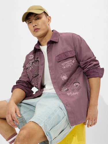 The Souled Store Rick & Morty: Cosmic Adventure Men and Boys Long Sleeves Collared Neck Button Front Purple Graphic Printed Cotton Relaxed Fit Shirts