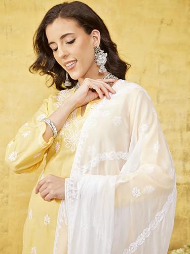 Ada Hand Embroidered Lucknowi Chikankari Chiffon Dupatta Stole for Women A511216 White