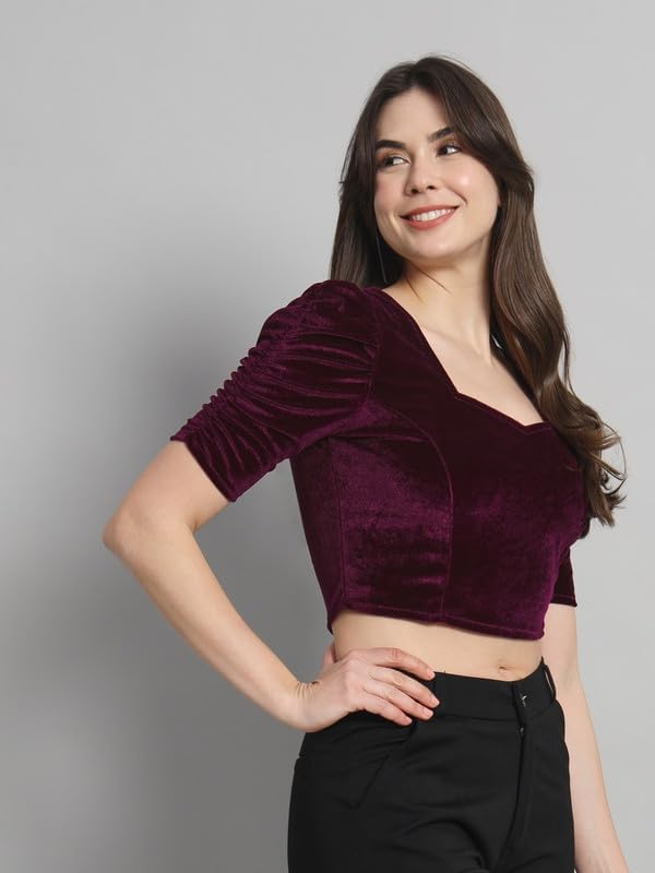 Vaararo Velvet Blouse Tops for Women | Party Puff Sleeves Readymade Outfit Wine XXX-Large