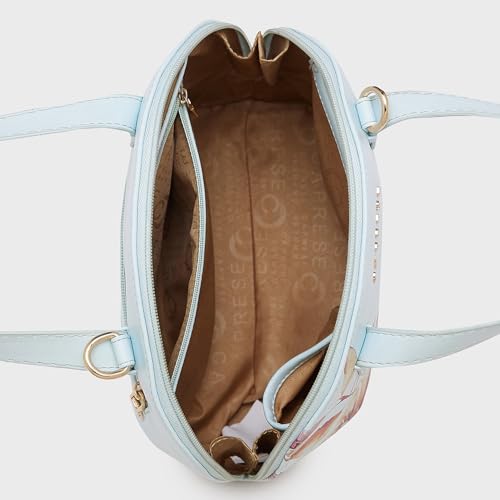 Caprese Alaya Small Satchel Bag for Women | Floral Print Faux Leather Shoulder Bag with Adjustable & Detachable Strap | Versatile Crossbody & Handheld Bag for Work, Travel, and Everyday Use (Blue)