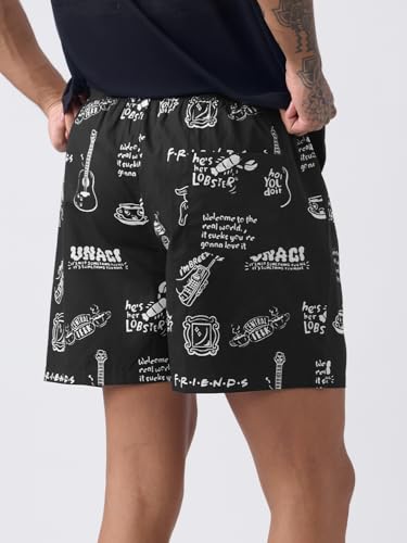 The Souled Store Friends: Doodle Men and Boys Pull On Black All Over Printed Regular Fit Cotton Boxer Shorts