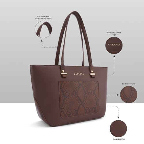 Caprese Bambi Large Snake Textured Print Tote Bag for Women | Fits Up to 15 Inch Laptop | Premium Multi-Compartment Shoulder Handbag with Zipper Closure for Office Work and Travel (Brown)