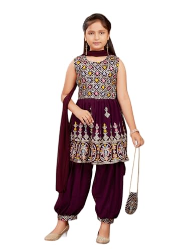 Aarika Girls Ethnic Wear Purple Colour Thread Sequin Embroidery Georgette Kurti Patiala Set With Sling Bag (4-10 Years)