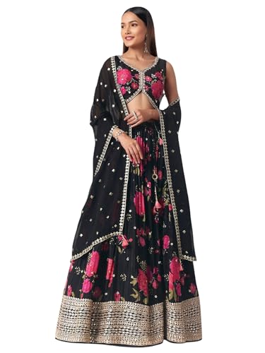 Zeel Clothing Women's Digital Print with Embroidered Chinnon Lehenga Choli With Dupatta (7098-Women-Lehenga-Choli-Latest, Free size) (Black)