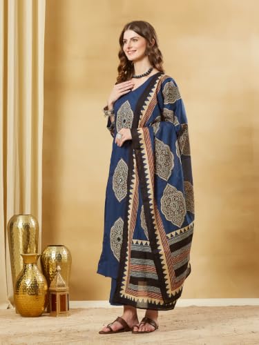 Divena Pink Ajrakh Print Cotton V-Neck Kurta Sets with Dupatta