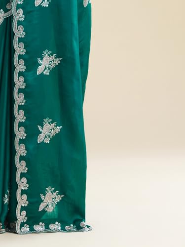 AKHILAM Women's Teal green Pure Chiffon Ethnic Motif Embellished Saree With Unstitched Blouse Piece (ANIKA2302_AG)
