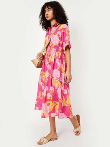 Max Women's Cotton A-Line Midi Dress (TS56004_Multi Multicolour