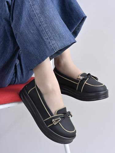 Shoetopia Women’s Black Platform Loafers || Stylish Slip-On Casual Shoes with Metal Detail || Comfortable Everyday Footwear EU39