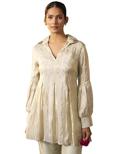 Arangya Elegant Flared Kurta Set with Embroidered Collar and Straight Pants l Puff Sleeve with Gathered Detailing l Co Ord Set for Women White