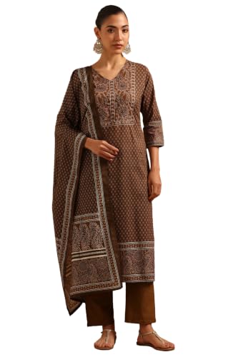 Soch Womens Brown Cotton Block Printed Ethnic Motifs Salwar Suit