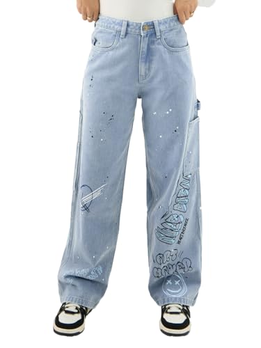 The Souled Store Denim: Graffiti Women and Girls Buttoned Blue Printed Cotton Blend Baggy Fit Jeans