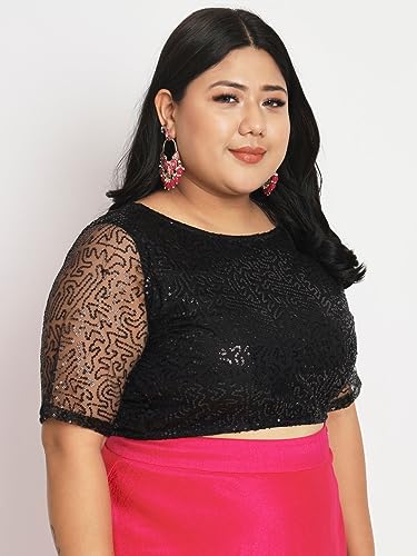 studio rasa Women's Plus Size Net Sequin Embroidered Sheer Sleeves Readymade Saree Blouse for Wedding Festive Party (TPWPC223PS15-5XL_BL_Black_5XL)