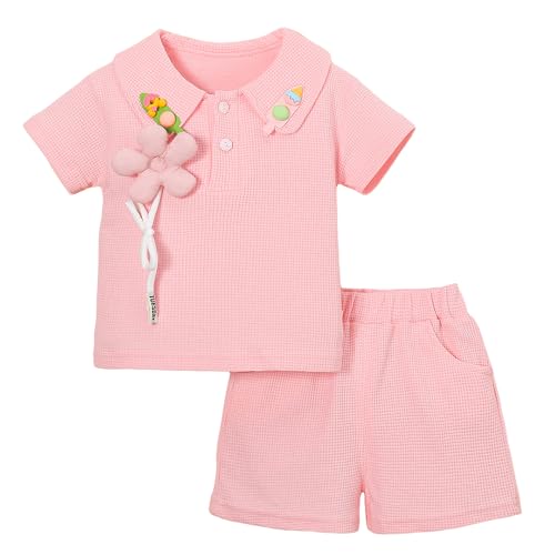 Hopscotch Girls Short Sleeves Pink 2-Pc 3D Floral Applique Shorts Set (12-24 Months)