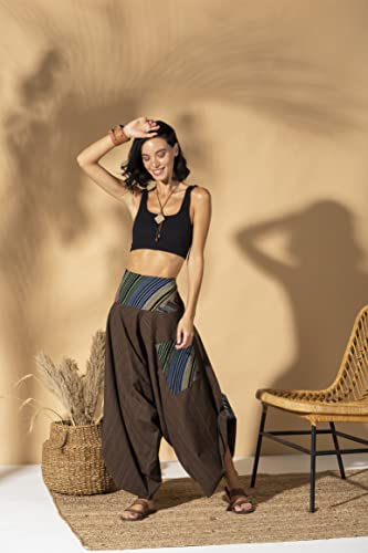 The Veshti Company Cotton Hippie Harem Pants for Women's High Rise Low Crotch Loose Baggy Tapestry Yoga Pajama Pants, Brown - Bladebreaker, M