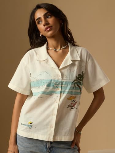 The Souled Store Peanuts: The Beach Women and Girls Short Sleeve Cuban Collar Off White Graphic Printed Cotton Regular Fit Breathable Resort Collar Shirt for Casual Wear
