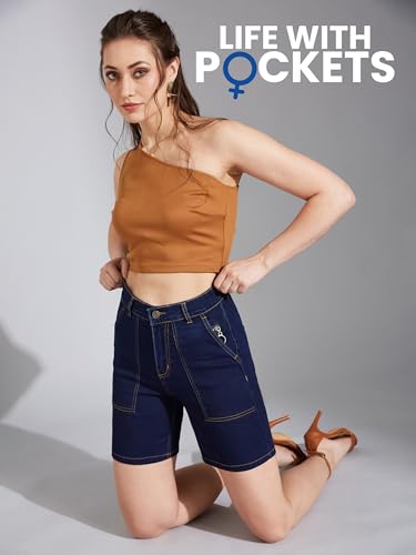 Life With Pockets Women's Regular High Rise Above Knee Stretchable Denim Shorts (LPAW24DEN91-66-71-26, Navy Blue, 26)