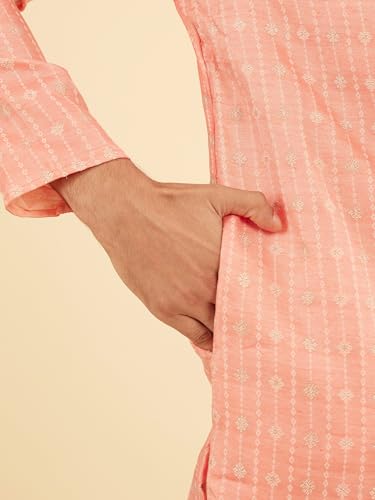 Manyavar Men's Art Silk Sequined Placket Printed Festive Kurta Set (Peach,M)