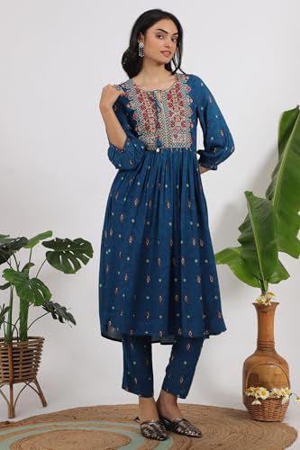 W for Woman Teal Blue Embroidered Yoke Gathered Rayon Kurta, Straight Pants and Dupatta Set (Size: S)-WS12183-124706