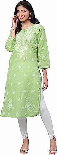 Ada Indian Hand Embroidered Chikankari Straight Cotton Kurta Kurti Tunic for Women A208470, Green, Medium